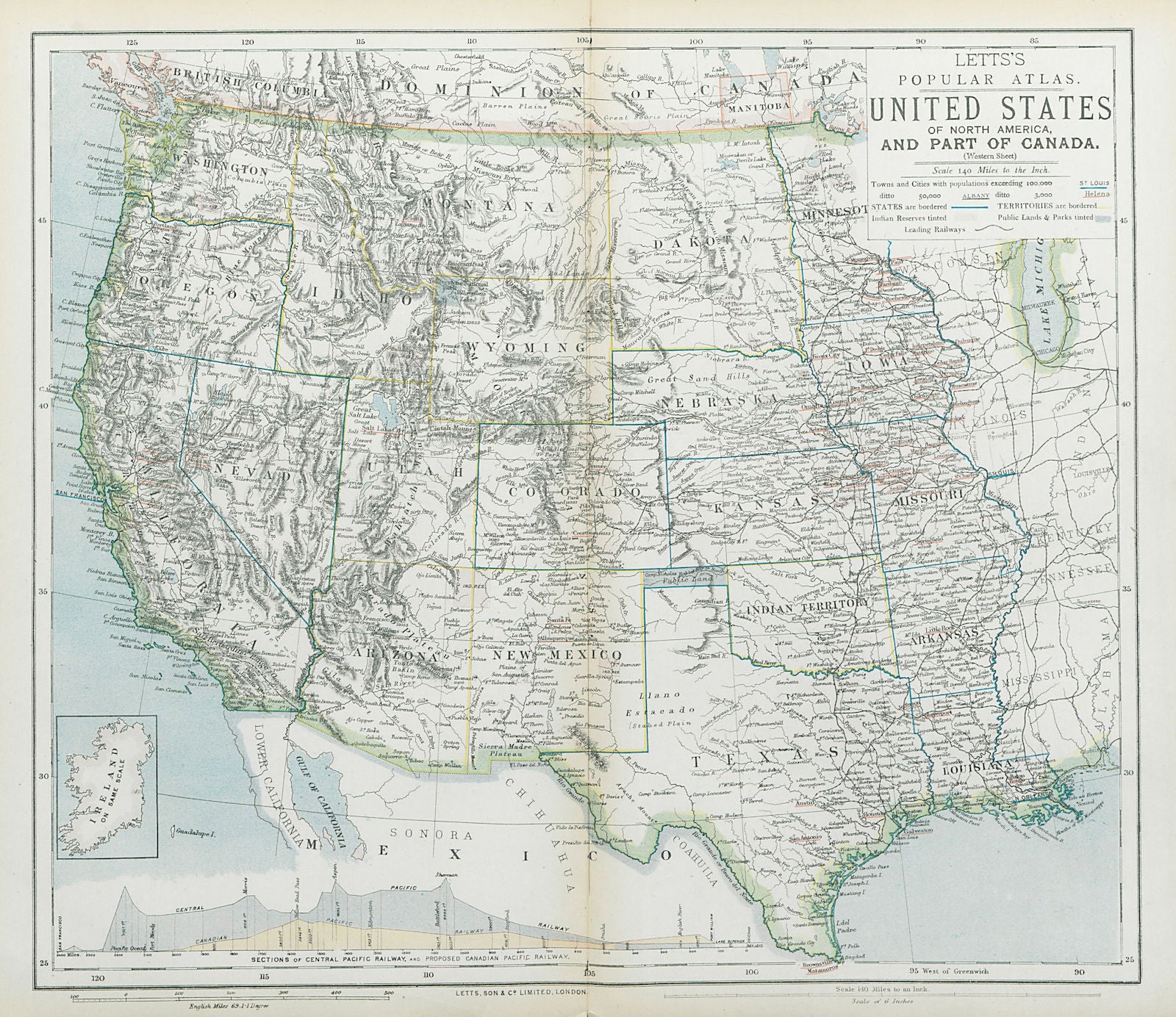WESTERN USA States & territories Central Pacific Railroad section LETTS 1883 map